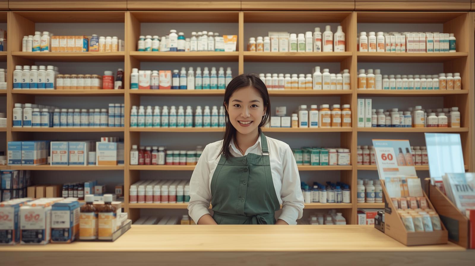 薬局カウンターでスタッフが笑顔で対応している様子