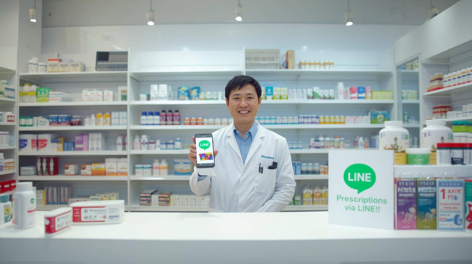薬局内でLINE処方箋受付を案内している様子